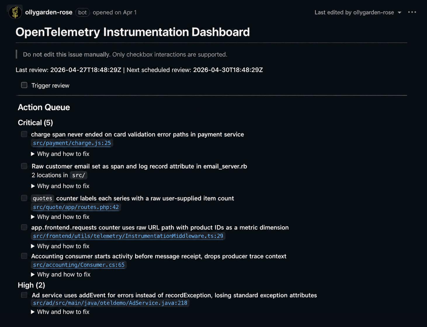 GitHub OpenTelemetry Instrumentation Dashboard issue with review controls and Critical and High findings grouped in an action queue